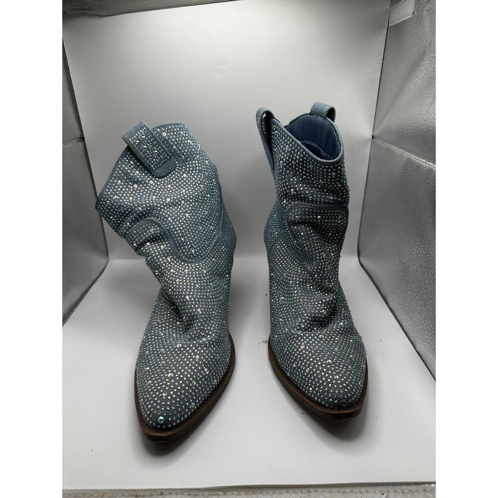 Forever Women's Sz 10 Blue Denim Rhinestone Western Ankle Boots Bling Bootie